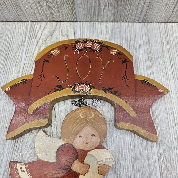 Angel Wood Wall Hanging Hand Painted Tole Vtg Christmas JOY Angels Handmade - Picture 8 of 14
